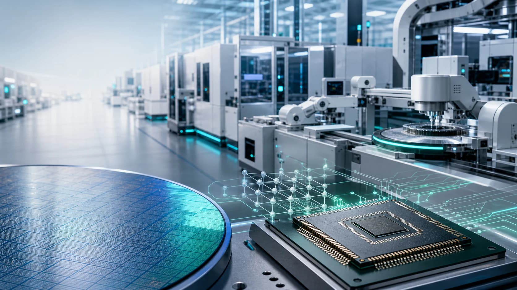 Semiconductor cleanroom production line with a patterned silicon wafer and a packaged integrated circuit, overlaid with atomic-lattice and circuit motifs