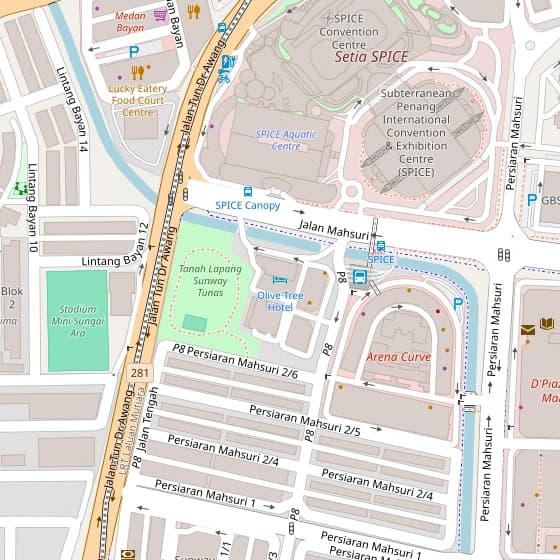 Street map showing Olive Tree Hotel on Jalan Mahsuri, Bayan Lepas, Penang, next to the SPICE convention centre